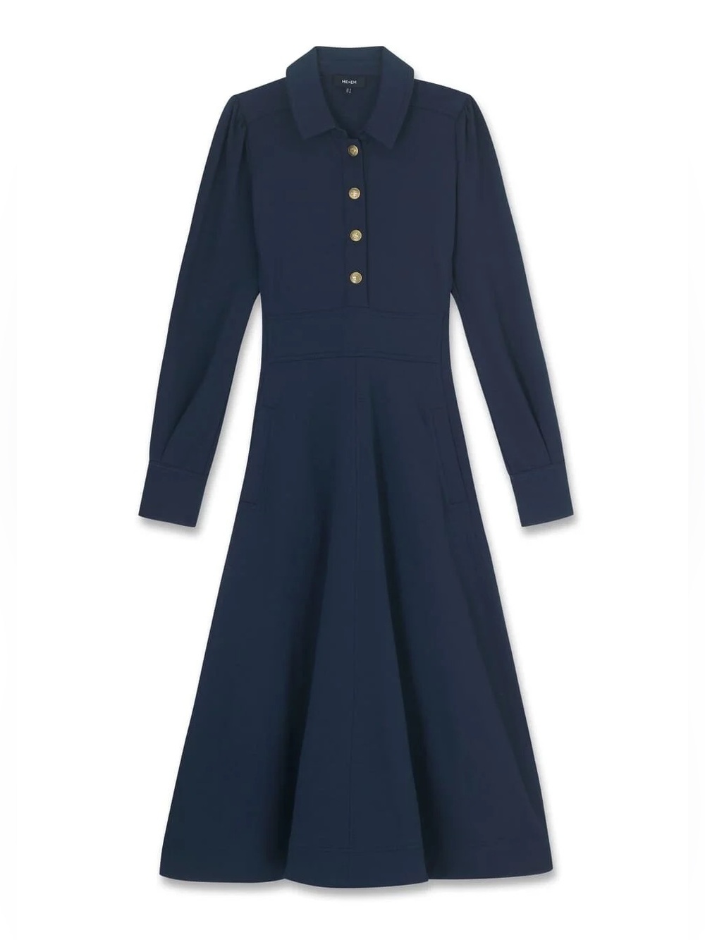 ME+EM Ponte Fit + Flare Midi Dress in Navy with Gold Buttons, Size US 12 - Picture 2 of 10